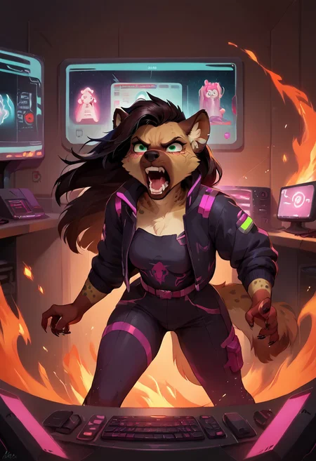score_9, score_8_up, score_8, source_furry, 1girl, long hair, anthro hyena girl, black hair with pink streaks, cyberpunk outfit, tech tools, inside a huge computer server room, computer servers on fire, using fire extinguisher , angry, screaming
