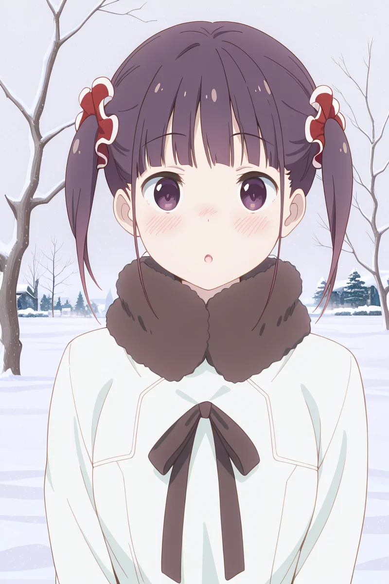 masterpiece, best quality, amazing quality,
<lora:Shizuku_IL:1> shizuku, 1girl, solo, twintails, blush, looking at viewer, scrunchie, purple eyes, :o, hair ornament, bare tree, snow, bangs, tree, open mouth,