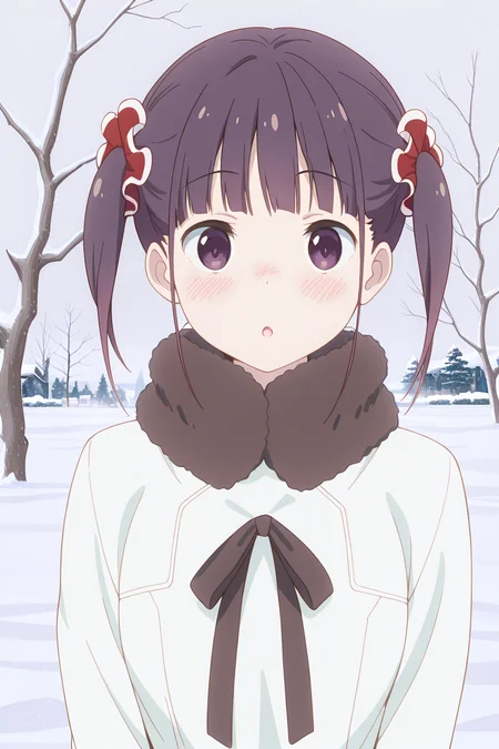 masterpiece, best quality, amazing quality,
<lora:Shizuku_IL:1> shizuku, 1girl, solo, twintails, blush, looking at viewer, scrunchie, purple eyes, :o, hair ornament, bare tree, snow, bangs, tree, open mouth,