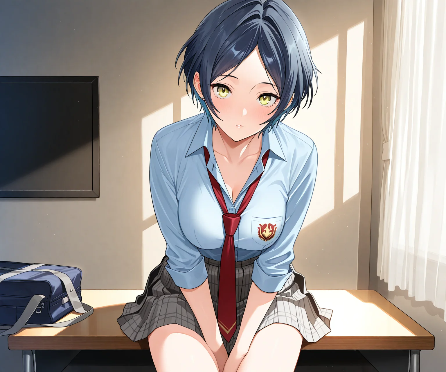 masterpiece, best quality, amazing quality, sfe, 1girl, solo, looking at viewer,hayami kanade, shirt, pleated skirt, loose necktie, <lora:Vanadium style ILL-v2:1.2> vanadiumcjf