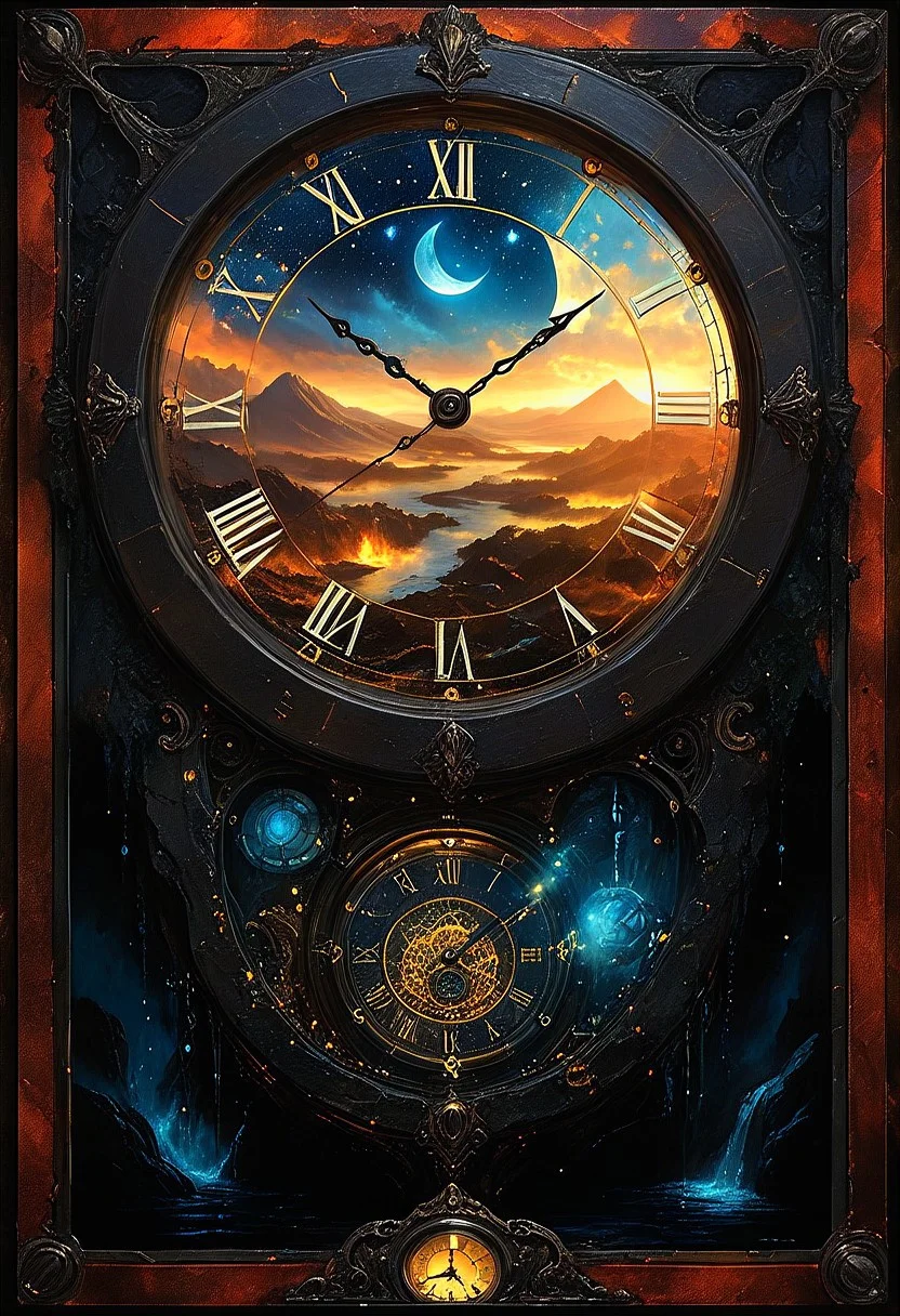 ((red-blue, artifact,
<lora:aidmaMTG-CardsXL-v0.1:1> ,mtg, mtg card)),
framed in a MTG card,
top- down, fantastical and surreal scene, closeup inside of an enormous ancient pocket_clock standing upright with its cover open revealing a magical portal, portal inside the pocket_clock, Through the portal is a breathtaking landscape unfolds, towering mountains, a cascading volcano, a steaming river winding through a burned forests, The edges of the pocket_clock are adorned with intricate glowing runes and vines, the clock resting on obsidian floor, mystical touch, illuminated by a crescent moon and twinkling stars, dreamlike and otherworldly atmosphere, sense of adventure and wonder, view from above,
(score_9, score_8_up:1.1), score_7_up, a fine color ink lineart sketch, (reflective volumetric), raytracing, absurdres, dark, low-key, mtg, mtg card