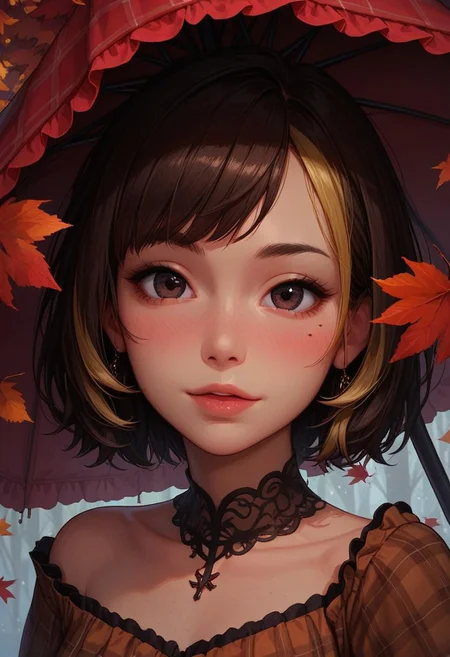 score_9, score_8_up, score_7_up, score_6_up,
1girl, 25 years old, perfect face, looking at viewer, cute, petite,
dark eyes,
bob cut, inverted bob, streaked hair, brown hair, yellow hair,
plaid clothes, plaid dress, brown dress, green dress, strapless dress,
umbrella, brown frilled umbrella,
autumn, autumn leaves,
blush, shy smile,
portrait, face focus, detailed face,