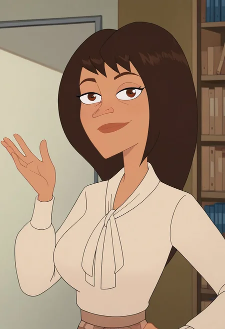 ((room background)),score_9, score_8_up, score_7_up,score_6_up, 
1girl, solo, Elizabeth_MML, olive skin, dark brown eyes, shoulder-length hair, dark brown hair, pointy nose, light beige blouse with bow collar, knee-length skirt with checkered pattern, white heeled shoes, tall, social smile, perfect eyes, perfect smile, looking at the viewer, detailed eyes, perfect eyes, standing, big breasts (front pose, bust shot) five fingers, perfect hands, (hand on hip, hand up)