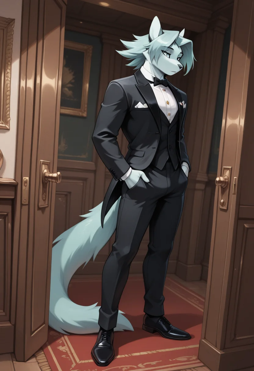 masterpiece, best quality, amazing quality, (du57aet, anthro, tail), ((male focus, 1boy, solo)), male, anthro, standing, indoors, tuxedo<lora:Illustrious\dust-illuv2.safetensors:1.0000000000000002:1.0000000000000002>