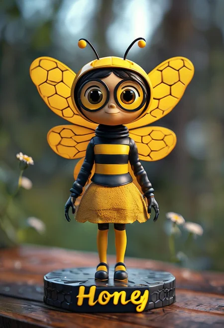 cinematic photo bee girl, "Honey" written, 35mm photograph, film, bokeh, professional, 4k, highly detailed