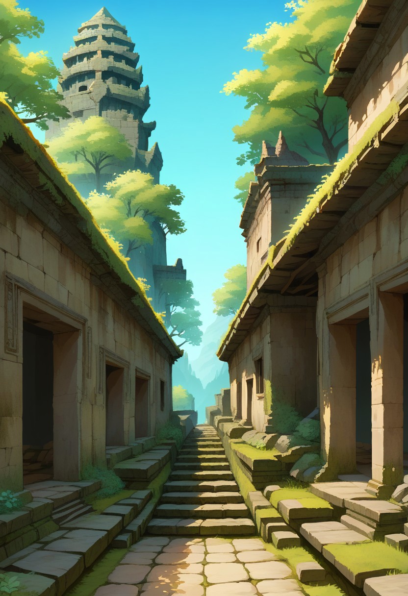 score_8, score_8_up, score_7_up, score_6_up, fantasy, source_painting, traditional media BREAK no humans, Angkol_ruins, ruins, outdoors, overgrown, moss, building, doorway, stone stairs, building, blue sky,