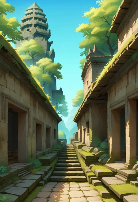 score_8, score_8_up, score_7_up, score_6_up, fantasy, source_painting, traditional media BREAK no humans, Angkol_ruins, ruins, outdoors, overgrown, moss, building, doorway, stone stairs, building, blue sky,