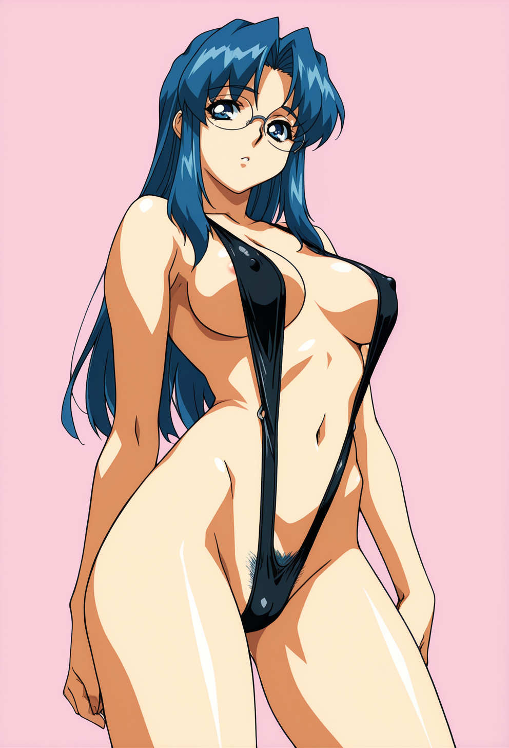 masterpiece, best quality,
1girl, solo, standing, looking at viewer, blue hair, long hair, glasses, blue eyes, medium breasts, bikini, black bikini, slingshot swimsuit, micro bikini, cameltoe, covered nipples, female pubic hair, areola slip, pink background, simple background,
 <lora:masami_oba:1> M4s4m1 0b4r1, retro artstyle,