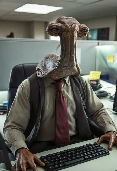Cinematic Hollywood Film Style, High definition photograph, HDR, RAW photo, 8k resolution, Photorealistic, ultrarealistic, ithorian hammerhead alien as an ordinary office worker, sitting in his cubicle typing on a computer, dull, ordinary, boring, wearing a tie