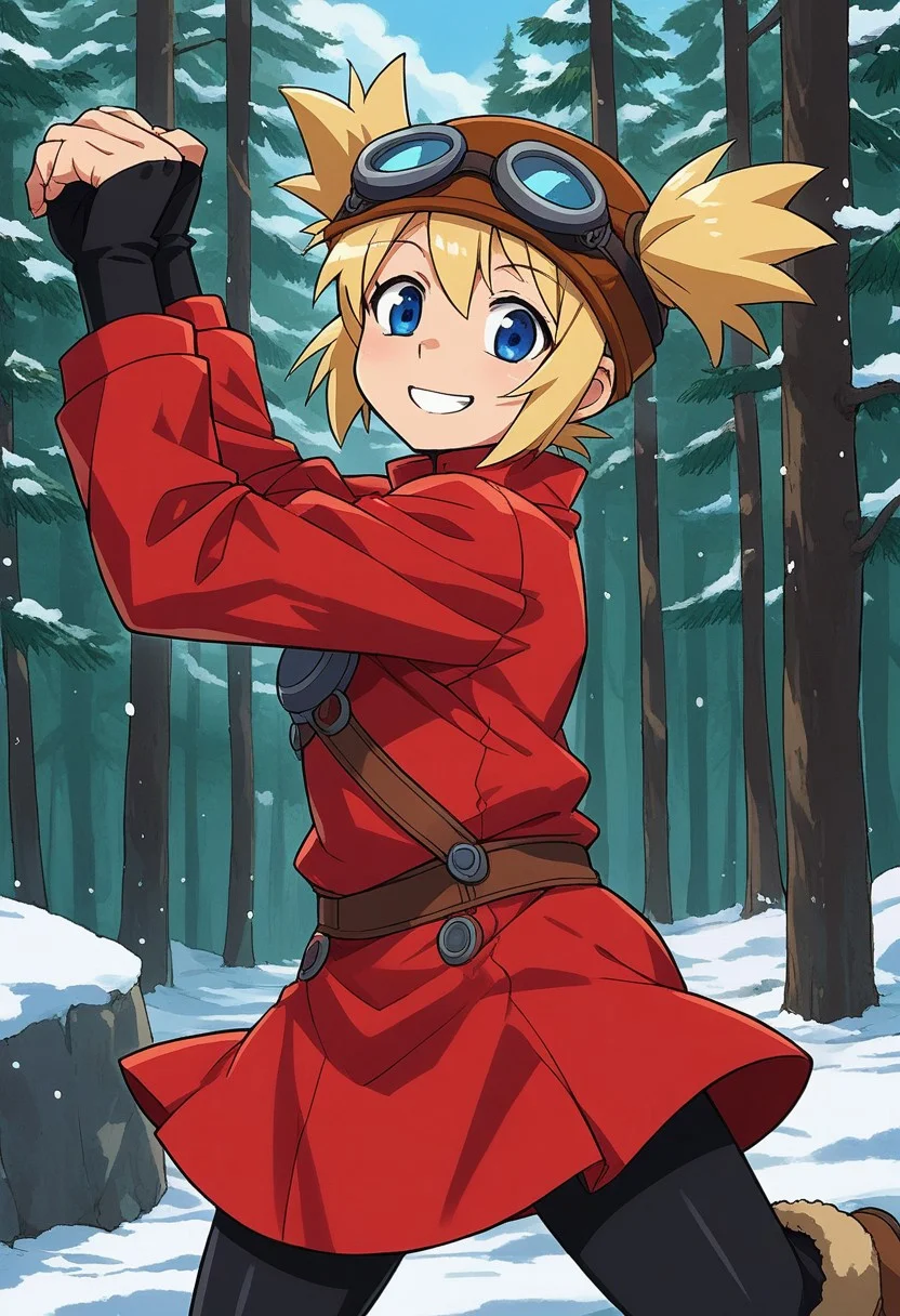 score_9, score_7_up, source_anime, BREAK solo, Pratty, blue eyes, short hair, light blonde, short twintails, hair through headwear, goggles, brown headwear, red shirt, short over long sleeves, black long sleeves, red skirt, black pantyhose, leather breastplate, brown footwear, smile, cold forest, taiga, snow, stretching,