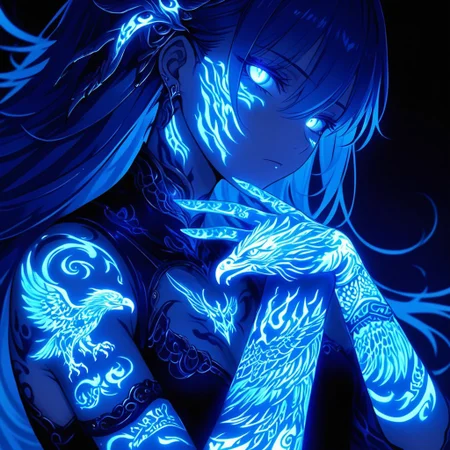 A female anime character with intricate glowing blue Eagle tattoos covering her arms, hands, and face. The tattoos emit a soft, radiant glow that contrasts against her dark, form-fitting outfit. Her expression is calm and mysterious, with a dreamlike ambiance surrounding her. The character has long, smooth hair decorated with elegant metal hairpins and glowing accents. The background is dimly lit, creating an otherworldly and ethereal atmosphere, with soft shadows emphasizing her glowing features. The mood is mystical, highlighting the elegance and supernatural energy of the glowing Eagle tattoos.