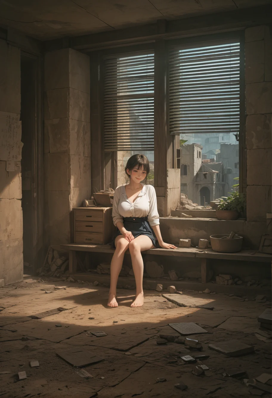 ,ruanyi0911,blinds,ruins,indoors,<lora:0911 ruins_v1_pony:0.7>, score_9, score_8_up, score_7_up, score_6_up, score_9, score_8_up, score_7_up, score_6_up source_anime, blush, 1girl, seduce smile, perfect body , natural huge breasts