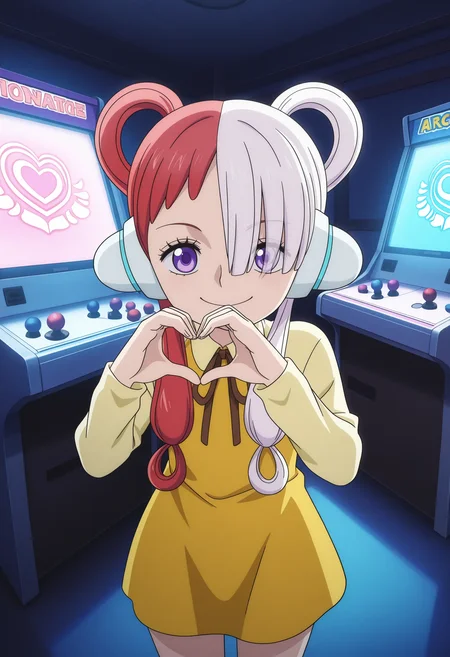 1girl, uta_\(one_piece\), red hair, white hair, multicolored hair, hair rings, low twintails, hair over one eye, purple eyes, headphones, yellow dress, 
smile, standing, heart hand, cowboy shot, looking at viewer, dutch angle, from above, 
indoors, arcade, arcade cabinet, dark room, night, shaded, 
masterpiece, best quality, ultra-detailed, very aesthetic, illustration, perfect composition, intricate details, absurdres, official art, official style, source_anime, anime screencap, anime coloring, newest, intricate, hires textures, high detail, 4k, incredibly detailed, perfect anatomy, UHD, 8K, 
<> <lora:OP-uta_XL(ill01)v10d:1>