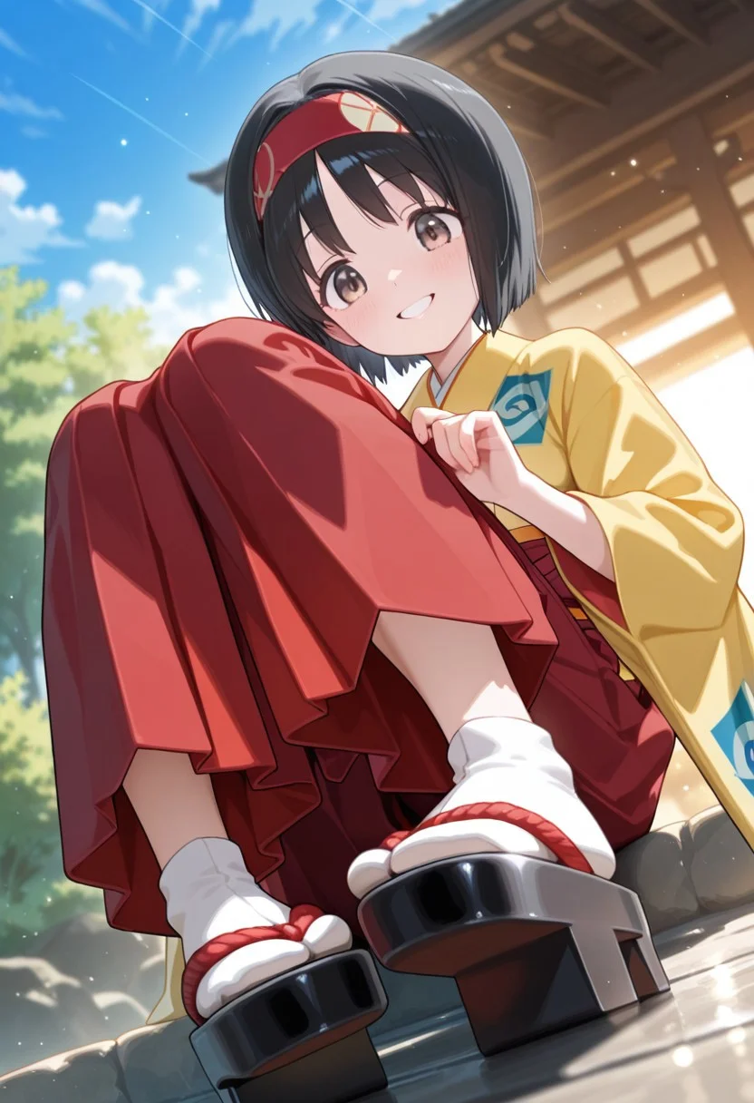 1girl, nsfw, erika, black hair, red hairband, short hair, brown eyes, yellow kimono, hakama, red hakama, long sleeves, wide sleeves, (cute expression, cute smile, tilted head) BREAK dynamic view, dynamic cute pose, feet focus, foot up, knees up, white tabi, geta, adjusting tabi, dainty feet, BREAK outdoors, detailed background, colorful, vibrant colors, soft lighting, lighting rays, glowing particles, volumetric lighting, soft shading, rich detailing, official art, BREAK detailed eyes, detailed clothes, soft skin texture, high-arched feet, delicate legs, large calf, (masterpiece:1.4, best quality:1.4, amazing quality, newest, very aesthetic:1.4, ultra-detailed, absurdres, 4k)