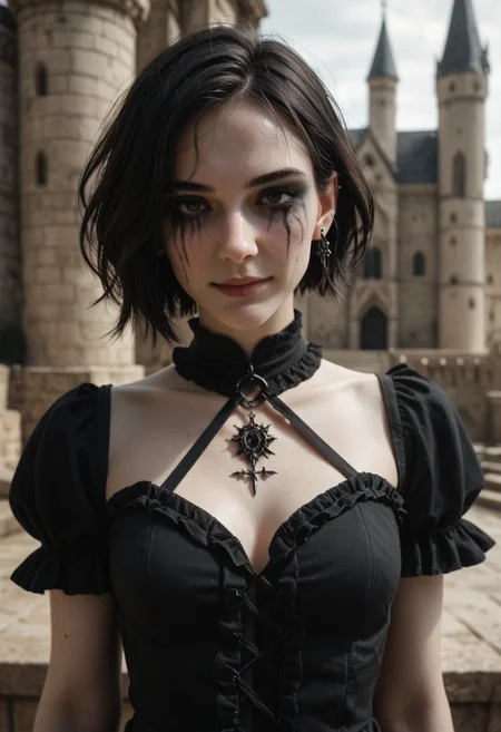 score_9_up, score_8_up, score_7_up, score_6_up, 1girl, 25 years old, perfect face, sexy,
(three quarter view), detailed face, portrait, face focus, depth of field, looking at viewer, blush, shy smile, close up,
black eyes,
short hair, straight hair,
pale skin, black eyeshadow, runny makeup, ear piercing,
goth fashion, black nails,
black dress, short dress, layered dress, frilled dress, sleevless,
castle,
(adult),