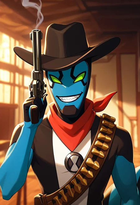 masterpiece, best quality, amazing quality, very aesthetic, absurdres, newest,, detailed background, 
 movie scene, cinematic scene, cinematic, foreground blur, depth of field, 
xlr8, blue skin, green eyes, 1boy, stripped tail, reptile tail, green sclera, pokemon (creature), alien, black chin,
cowboy hat,  red neck bandanna, at bar, bandolier, holding revolver, smoking, smile, big teeth, sharp teeth, big smile, upper body, cowboy saloon,