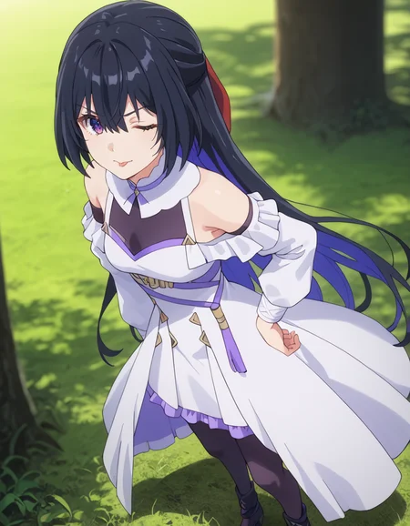 score_9, score_8_up, score_7_up, source_anime, BREAK
1girl, solo, looking at viewer, blurry background, from above, :p, tongue out, one eye closed, standing, hand on own hip, full body, grass, outdoors, tree shade, v-shaped eyebrows,
tinasha (unnamed memory), long hair, multicolored hair, black hair, purple hair, half updo, hair between eyes, hair bow, purple eyes,
white dress, off-shoulder dress, detached sleeves, puffy sleeves, frills, belt, black pantyhose, black high heels,
<lora:tinasha-unnamed_memory_s2-pxl-anime-soralz:1>
