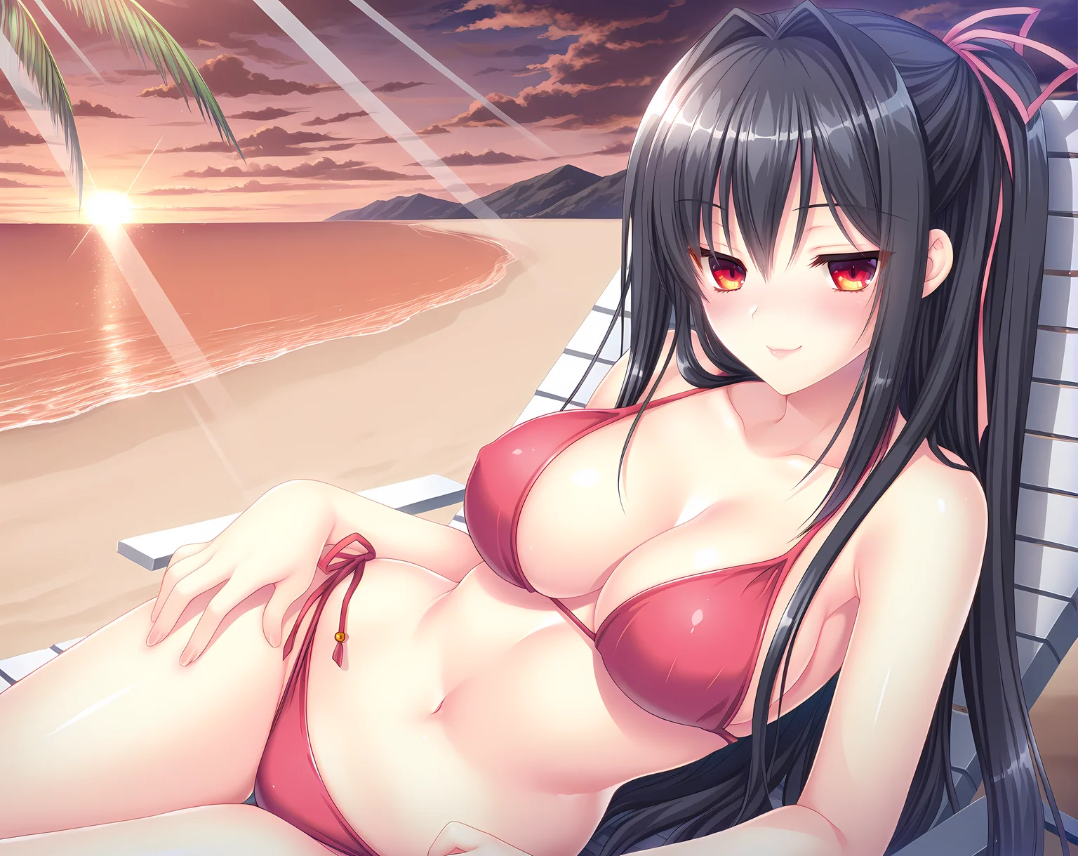 1girl,touko,ponytail,black hair,red eyes,long hair,blush,kinmedai pink,large breasts,cowboy shot,solo,sitting,lounging,beach chair,beach,outdoors,detailed background,sunset,dappled sunlight,light rays,cloudy sky,bikini,lips,seductive smile,blush,<lora:Touko_GFQ_SP:0.7>,, masterpiece,best quality,amazing quality, very aesthetic, absurdres,detailed eyes,ultra-detailed,