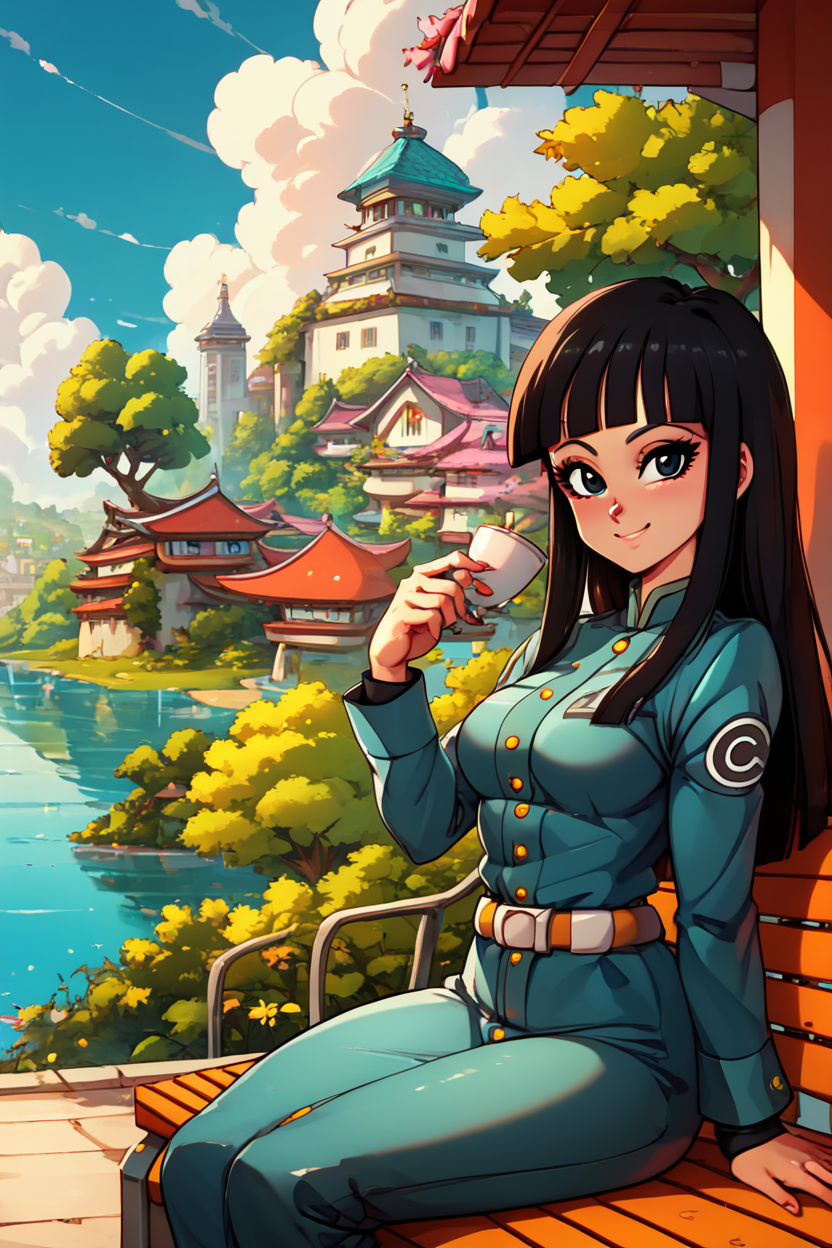 score_9, score_8_up, score_8, medium breasts, (curvy), cute, eyelashes,       ,,, , ,,, zzMai, long hair, black hair, black eyes, blunt bangs,  military uniform, belt, <lora:FutureMai_DragonBall_PDXL:1.0>,  ,,,, BREAK, sitting on bench, side view, smile, looking at viewer, cowboy shot,  ,,, BREAK, pnkBldng, sky, day, cloud, tree, blue sky, building, architecture, east asian architecture,  ,,, BREAK, embedding:zPDXL, Expressiveh,  ,,, <lora:PinkBuildingsPDXL_v2:0.6>, <lora:SDXLFaeTastic2400:0.5>, <lora:Expressive_H-000001:0.4>