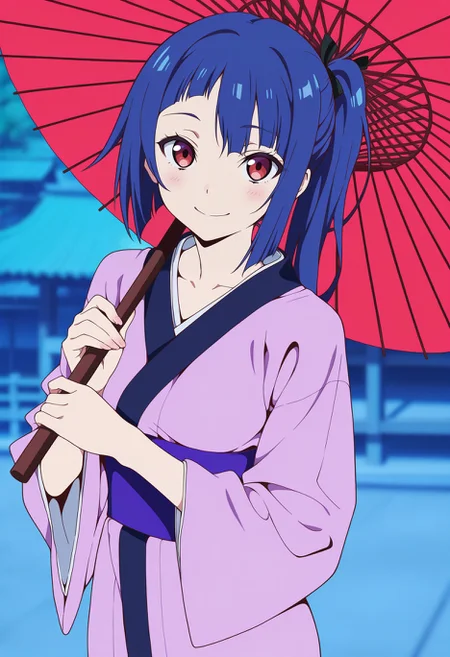 masterpiece, best quality, amazing quality, very aesthetic, high resolution, ultra-detailed, absurdres, <lora:amtsk-il:1> 1girl, amatsuku, kimono, smile, oil-paper umbrella, red eyes, holding umbrella, solo, yoneyama mai, (official art:0.6), momisan, (depth of field), flat color, anime coloring, anime screenshot, game cg