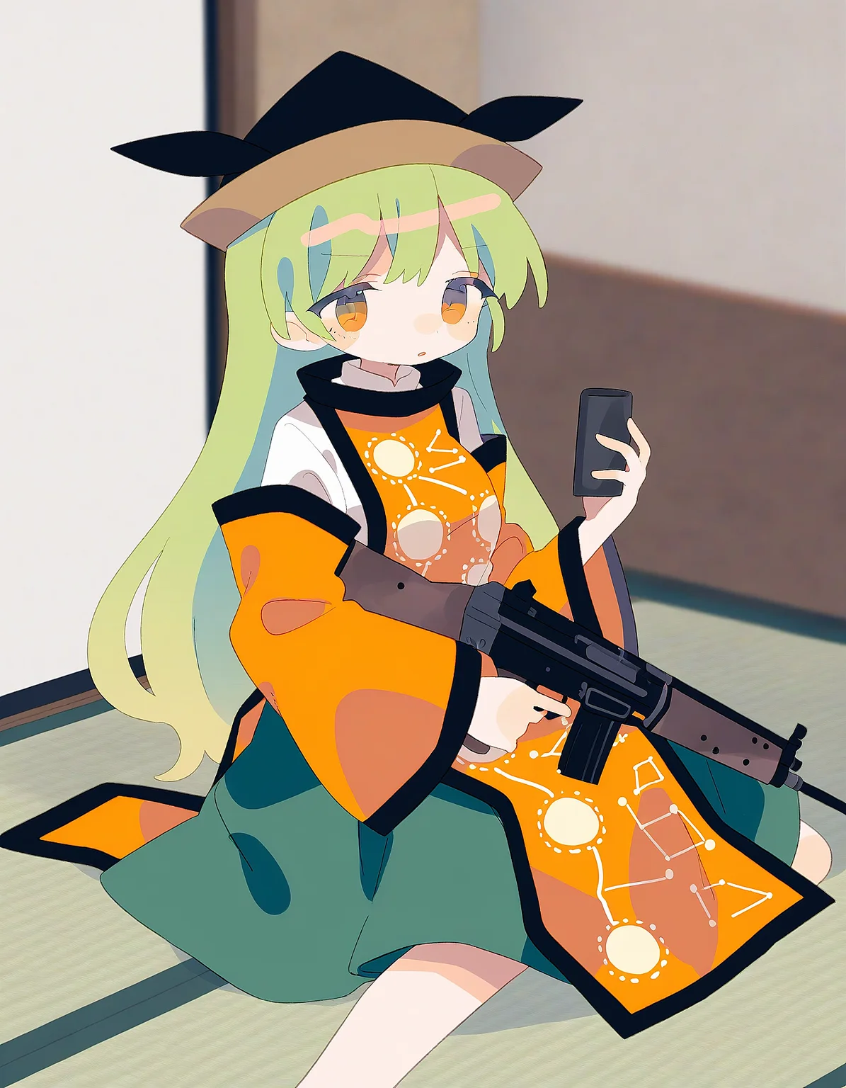 1girl, solo, matara_okina, touhou, wide_sleeves, constellation_print, green_skirt, tabard, black_hat, long_sleeves, detached_sleeves, white_shirt, orange_sleeves, brown_hat, sitting on floor stent r91, assault rifle, holding gun, two-handed, sitting indoors, best quality, masterpiece, daizu_\(melon-lemon\), <lora:OWN/pops_fo3_r91-v002-000015.safetensors:1.0>
