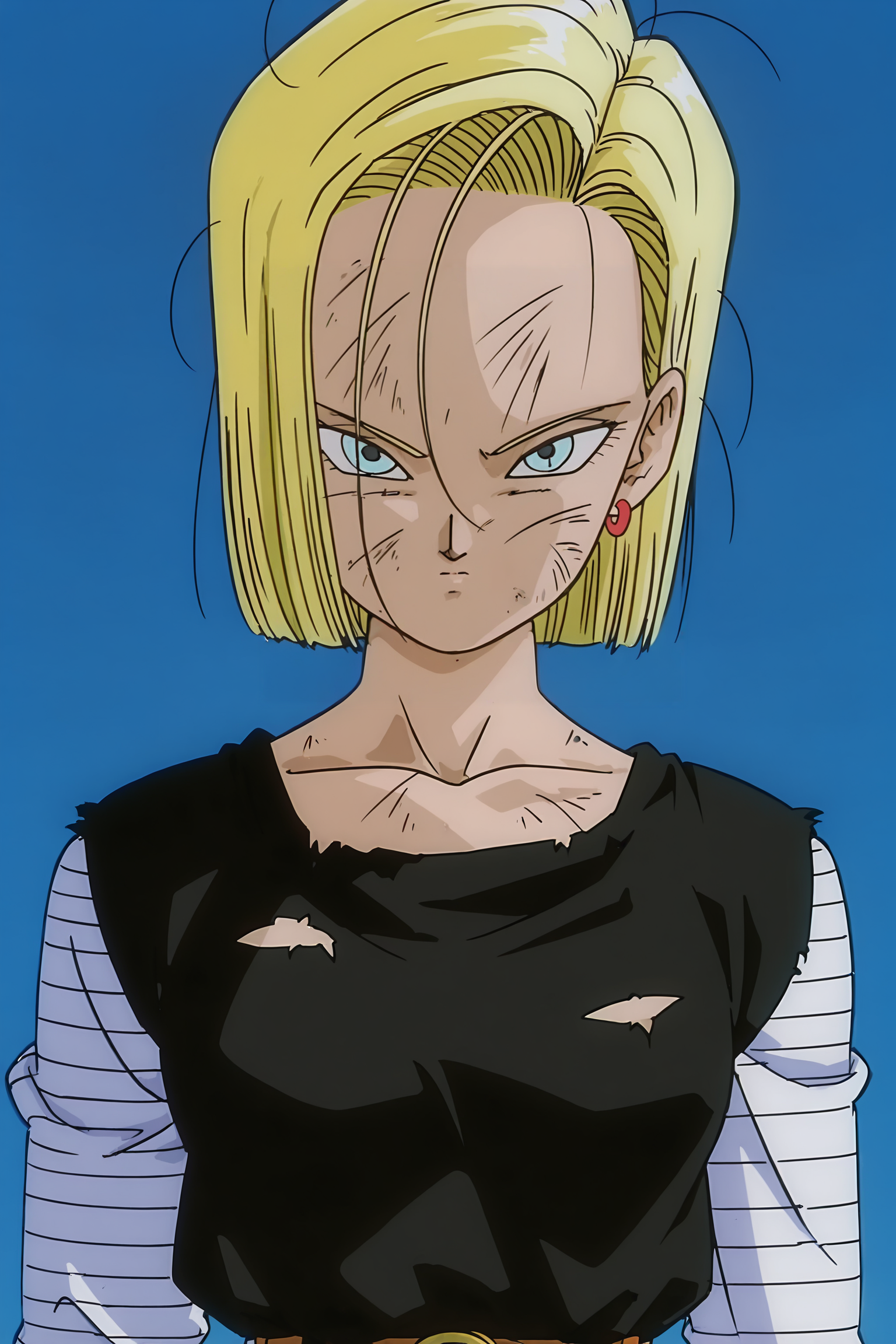 anime screencap, absurdres, high quality, official style,
android 18, android saga, classic outfit, 1990s \(style\), anime coloring, 1girl, solo, looking at viewer, short hair, blue eyes, blonde hair, simple background, messy hair, upper body, earrings, sky, blue sky, torn clothes, black shirt, dirty, dirty face, arms at sides, collarbone, long sleeves, striped sleeves, v-shaped eyebrows, white sleeves
 <lora:Android_18_-_Dragon_Ball:0.8>