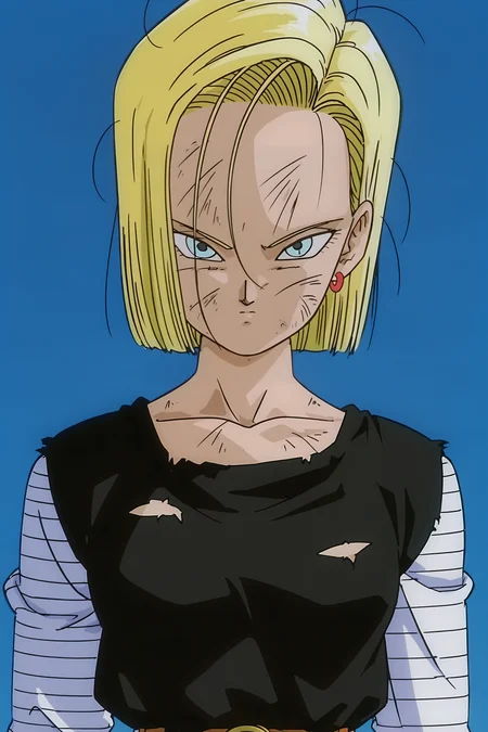 anime screencap, absurdres, high quality, official style,
android 18, android saga, classic outfit, 1990s \(style\), anime coloring, 1girl, solo, looking at viewer, short hair, blue eyes, blonde hair, simple background, messy hair, upper body, earrings, sky, blue sky, torn clothes, black shirt, dirty, dirty face, arms at sides, collarbone, long sleeves, striped sleeves, v-shaped eyebrows, white sleeves
<lora:Android_18_-_Dragon_Ball:0.8>