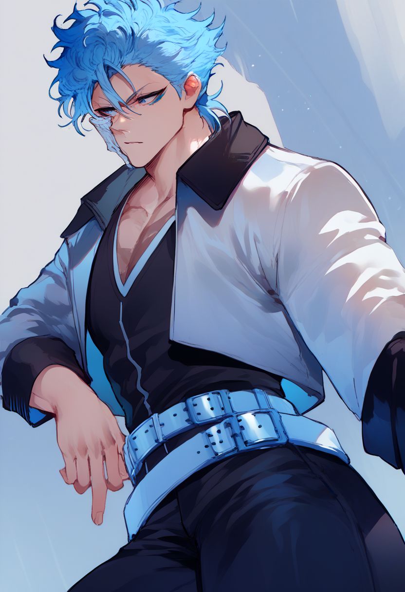 Grimmjow, blue hair, blue eyes, white crop jacket, black shirt, black pants, white belt, score_9, score_8_up, score_7_up, source_anime,