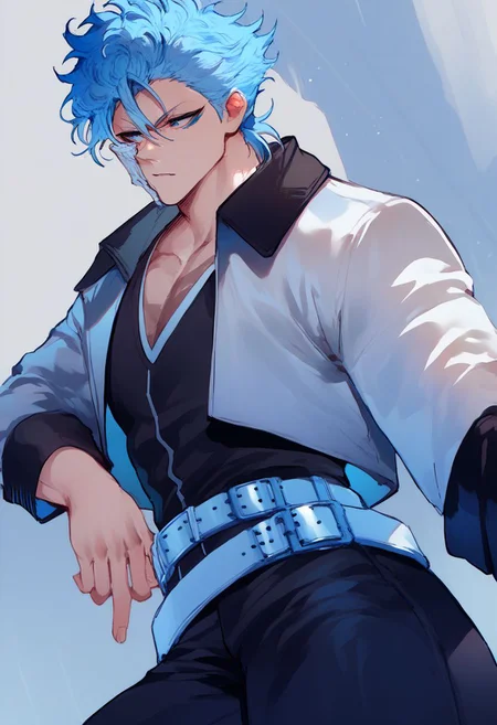 Grimmjow, blue hair, blue eyes, white crop jacket, black shirt, black pants, white belt, score_9, score_8_up, score_7_up, source_anime,