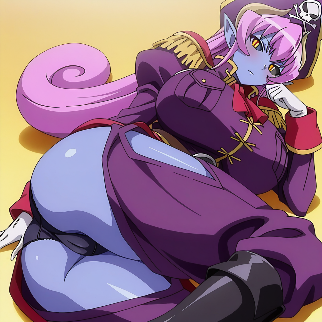 best quality, amazing quality, absurdres, uncensored, detailed eyes, perfect eyes, extremely detailed CG, extremely detailed face, perfect face, detailed Lora, anime, masterpiece, beautiful eyes, beautiful face, high resolution, distinct image, 4k, 8k, high resolution, high, super, hyper, distinct image, beautiful eyes and detailed face BREAK  <lora:Aku_no_Onna_Kanbu_-_Ephanatica:1>Ew_Ephanatica, anime screencap, anime coloring, 1girl, solo, blue skin, colored skin, huge breasts, yellow eyes, slit pupils, grey sclera, colored sclera, pink hair, long hair, pointy ears, horns, pirate hat, white gloves, belt, pocket, ascot, epaulettes, purple military uniform, black panties, underwear, hip vent, high heel boots, black footwear, lying on side, looking at viewer