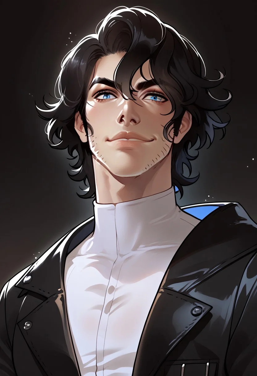 (score_9,score_8_up,score_7_up,score_6_up,score_5_up,score_4_up), 1boy, marcosoliveira, long black hair, straight hair, wolfcut hair, light blue eyes, stubble, eye_focus, close-up, solo, looking_at_viewer, strong body, 1boy, solo, male focus, serious, smirking, closed lips, tired look, wide shoulders, muscular male,
black leather jacket, white shirt, below POV, dynamic position,
dark background, night,
Expressiveh