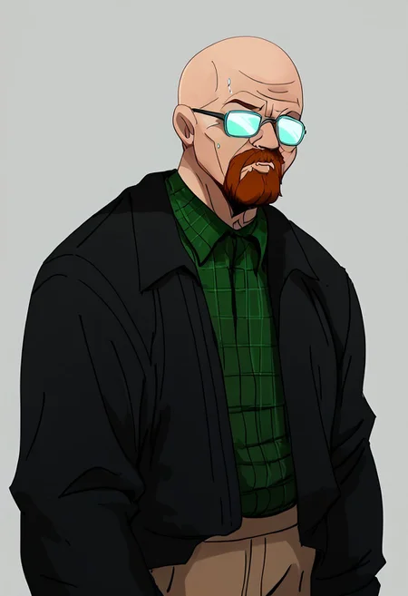 score_9, score_8_up, score_7_up, t00nstyl3
, masterpiece, beautiful, opaque glasses
,black jacked,1 old man, walteruwaito,Middle-aged man, bald, Glasses, power pose, cold look,bear,goatee beard,green squared shirt under jacked, khaki pants
