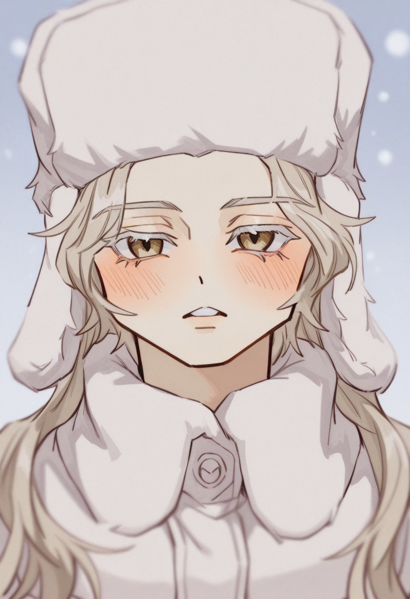 zunkome, digital illustration, charact portrait, depth of field, pastel coloring/(medium/), blonde hair, very long hair, blushing, face focus, buck teeth, looking at viewer, ushanka, mittens, winter coat