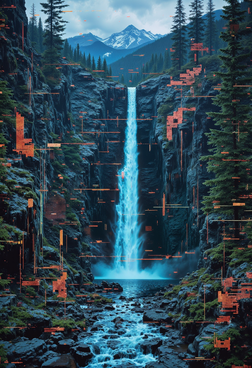 Create a highly detailed, high-resolution image of an hologram projecting an breathtaking scene - a majestic waterfall in a pristine winter landscape. Evergreen trees surround both sides of the falls and the river below ,the water returning to it's serene state after the violent fall from above. Far beyond the waterfall,snow-capped mountains are visible through low clouds.
Vertical glitches where the hologram is failing are showing the circuits behind the image, fragments of neon blue and green circuitry and pulsing blue energy lines reveal themselves. These technological anomalies add an intriguing layer of depth and complexity to the otherwise breathtaking natural scenery.,<lora:flux.1_lora_flyway_Epic-detail_v2:0.8>,<lora:Glitchcore_Flux:1.4>,gl1tchc0re,glitch,glitched,glitched graphic,abstract glitch,glitch texture,<lora:bo-digitalabstract:0.8>,bo-digitalabstract, <lora:Glitch Style:1.2> glitch, flickering, digital, glitch style