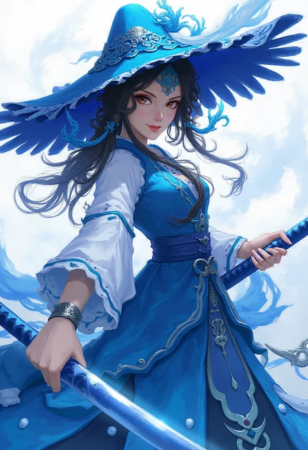 anime character with a blue dress and a blue hat, onmyoji detailed art, onmyoji portrait, onmyoji, official splash art, style of ghost blade, long sword in her hand, heise-lian yan fang, character splash art, xianxia hero, concept art | feng zhu, xianxia, she is holding a katana sword,