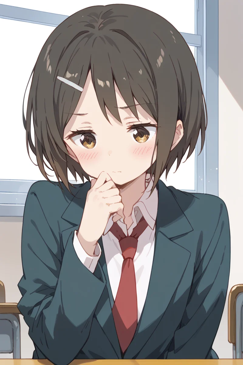 score_9, score_8_up, score_7_up, score_6_up,
<lora:Kaede_Ikeno:1> kaede, 1girl, hair ornament, hairclip, necktie, solo, school uniform, short hair, blush, hand on own chin, black hair, brown eyes, thinking, red necktie, indoors, shirt