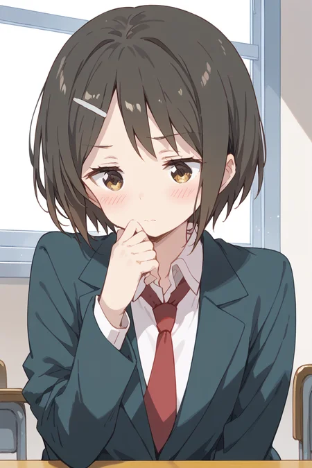 score_9, score_8_up, score_7_up, score_6_up,
<lora:Kaede_Ikeno:1> kaede, 1girl, hair ornament, hairclip, necktie, solo, school uniform, short hair, blush, hand on own chin, black hair, brown eyes, thinking, red necktie, indoors, shirt
