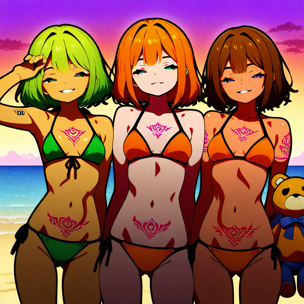 bikini, outdoors, brown hair, cadmium orange hair, tangerine orange hair, green hair, sky, Mid-closed eyes, stuffed toy, tattoo, Looking at viewer