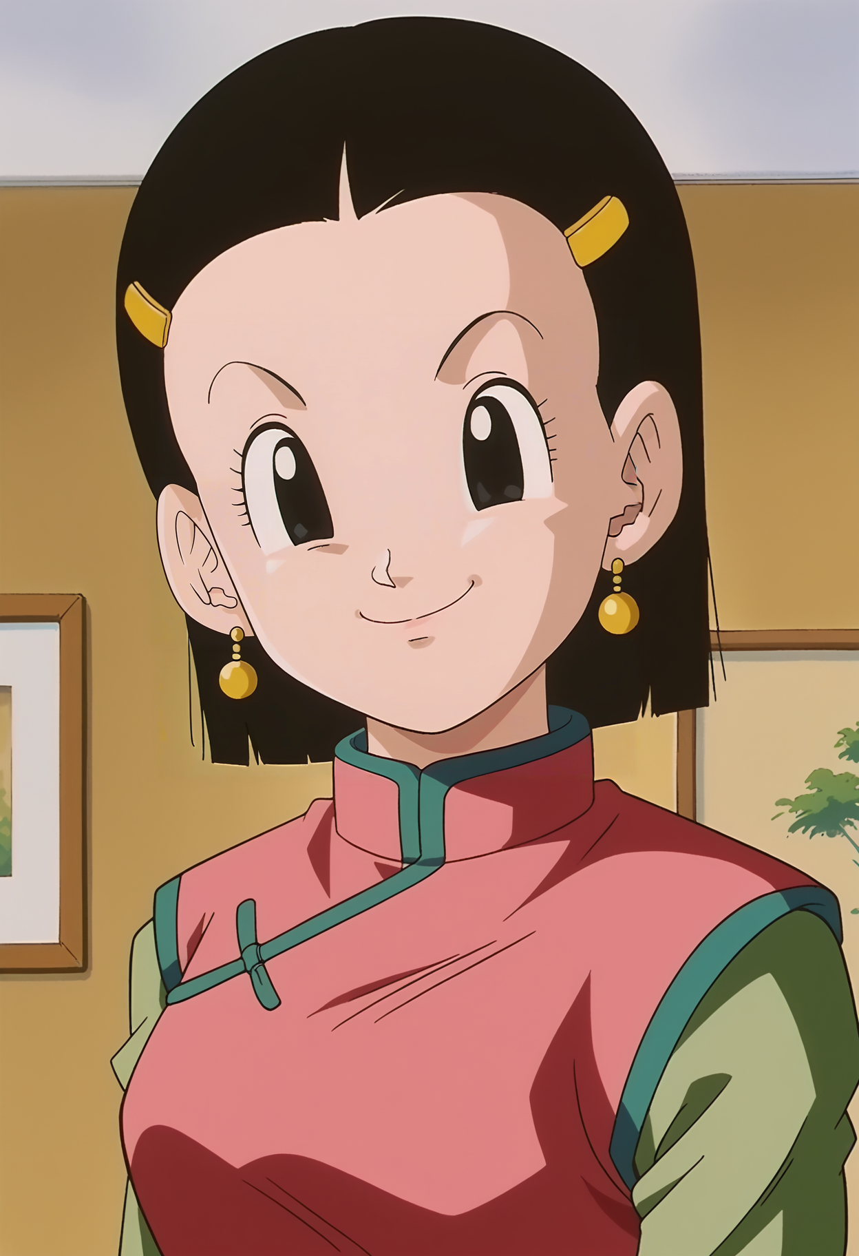 <lora:Chi-Chi-Dragon_Ball_GT:0.9>,Chi-Chi,mature female,1girl,solo,black hair,black eyes,hair ornament,hairclip,short hair,chinese clothes,upper body,looking at viewer,indoors,light smile,