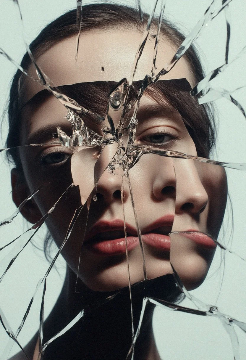 experimental portrait photography broken mirror portrait, head made of a collage of different facial features of different persons