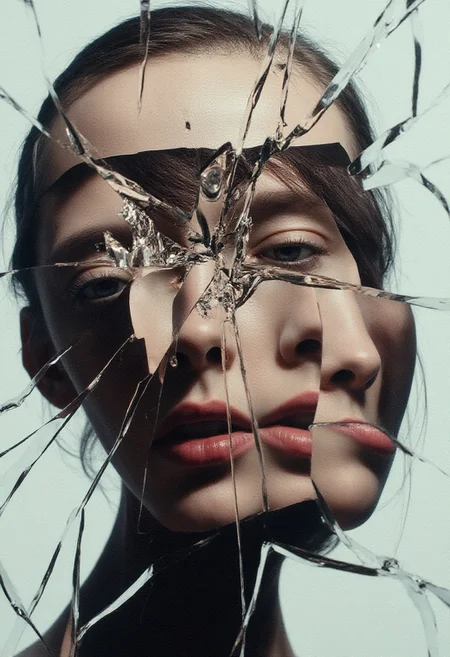 experimental portrait photography broken mirror portrait, head made of a collage of different facial features of different persons