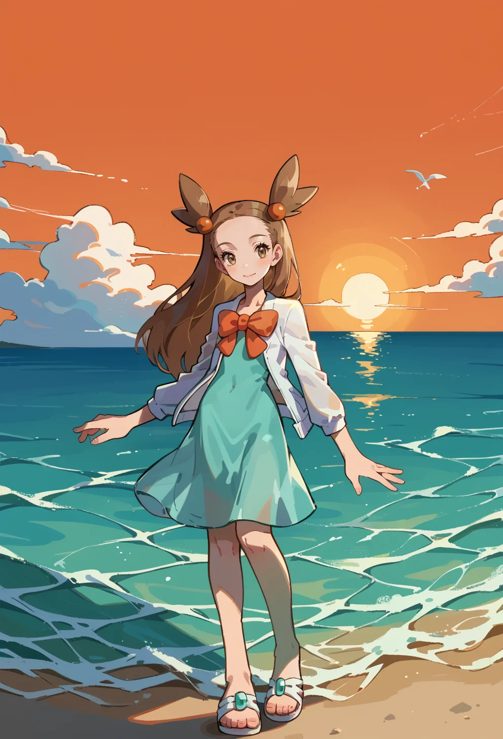 score_9, score_7_up, source_anime, BREAK smile, ocean, horizon, sunset,  <lora:Jasmine:1> J4SM1N3, brown hair, long hair, pigtails, brown eyes, || Orange hair ornament, aqua dress, white jacket, orange bow, sandals,