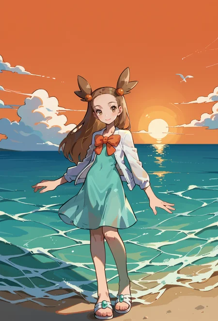 score_9, score_7_up, source_anime, BREAK smile, ocean, horizon, sunset, <lora:Jasmine:1> J4SM1N3, brown hair, long hair, pigtails, brown eyes, || Orange hair ornament, aqua dress, white jacket, orange bow, sandals,