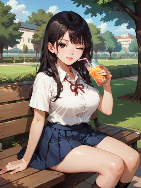 score_9, score_8_up, score_7_up, katagiriwaifu, solo, school uniform, sitting, outdoors,park,tree,shirt, skirt, realistic, wink, curvy, black eyes, looking at viewer, pleated skirt,holding, drink, <lora:Katagiri_character:1>, det<lora:HandFixer_pdxl_Incrs_v1:0.5> , <lora:Concept Art Twilight Style SDXL_LoRA_Pony Diffusion V6 XL:1>