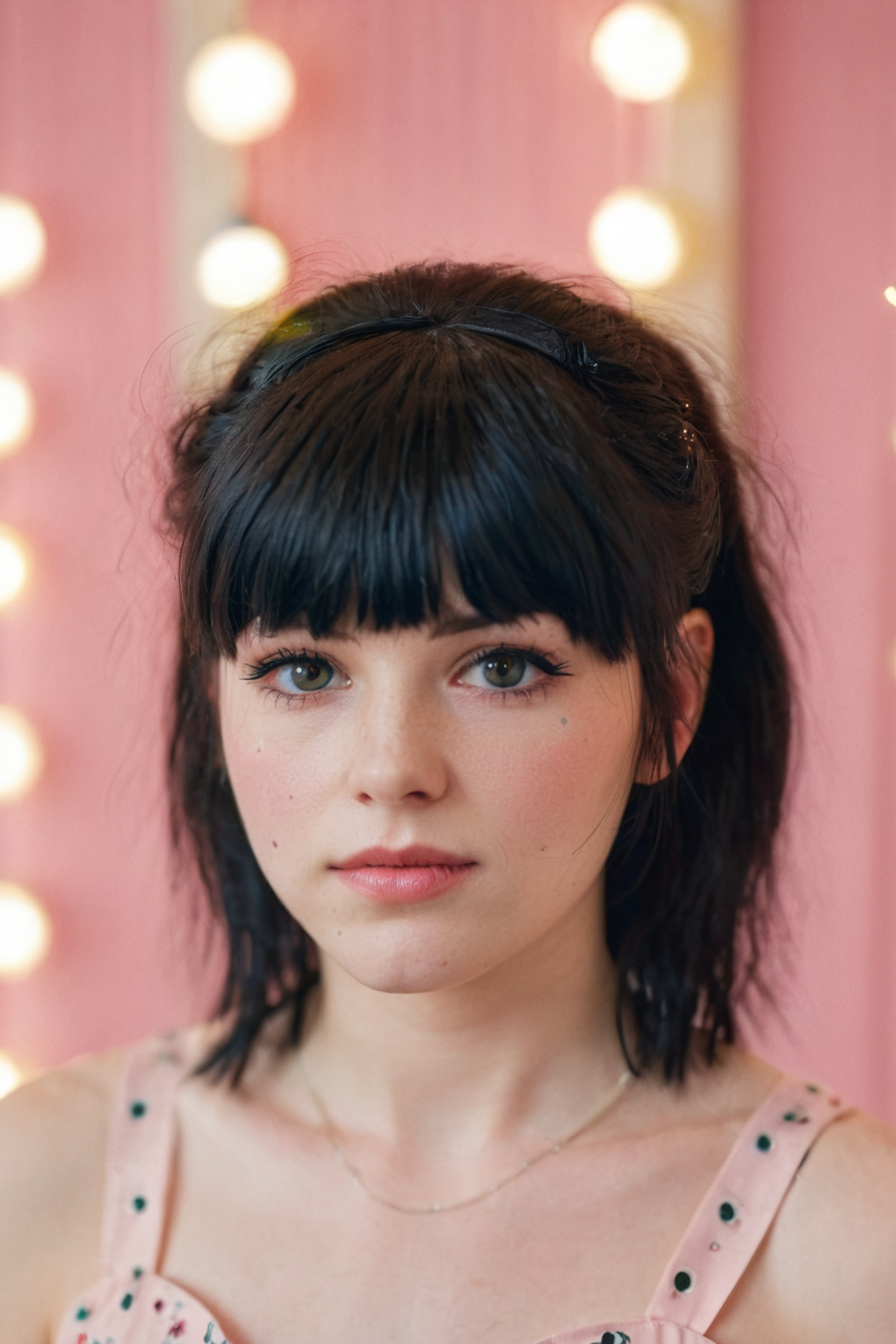 80s style portrait shot, a beautiful American girl with  black mullet haircut, bt80hast, ideal face, 80s dress, string lights, pale skin, blush, detailed skin, innocent, natural lighting, film grain, retro,(bokeh:1.3), Porta 160 color, shot on ARRI ALEXA 65, sharp focus on subject, Fujifilm XT-3, <lora:BT_80s_Hairstyles_XL:0.7>