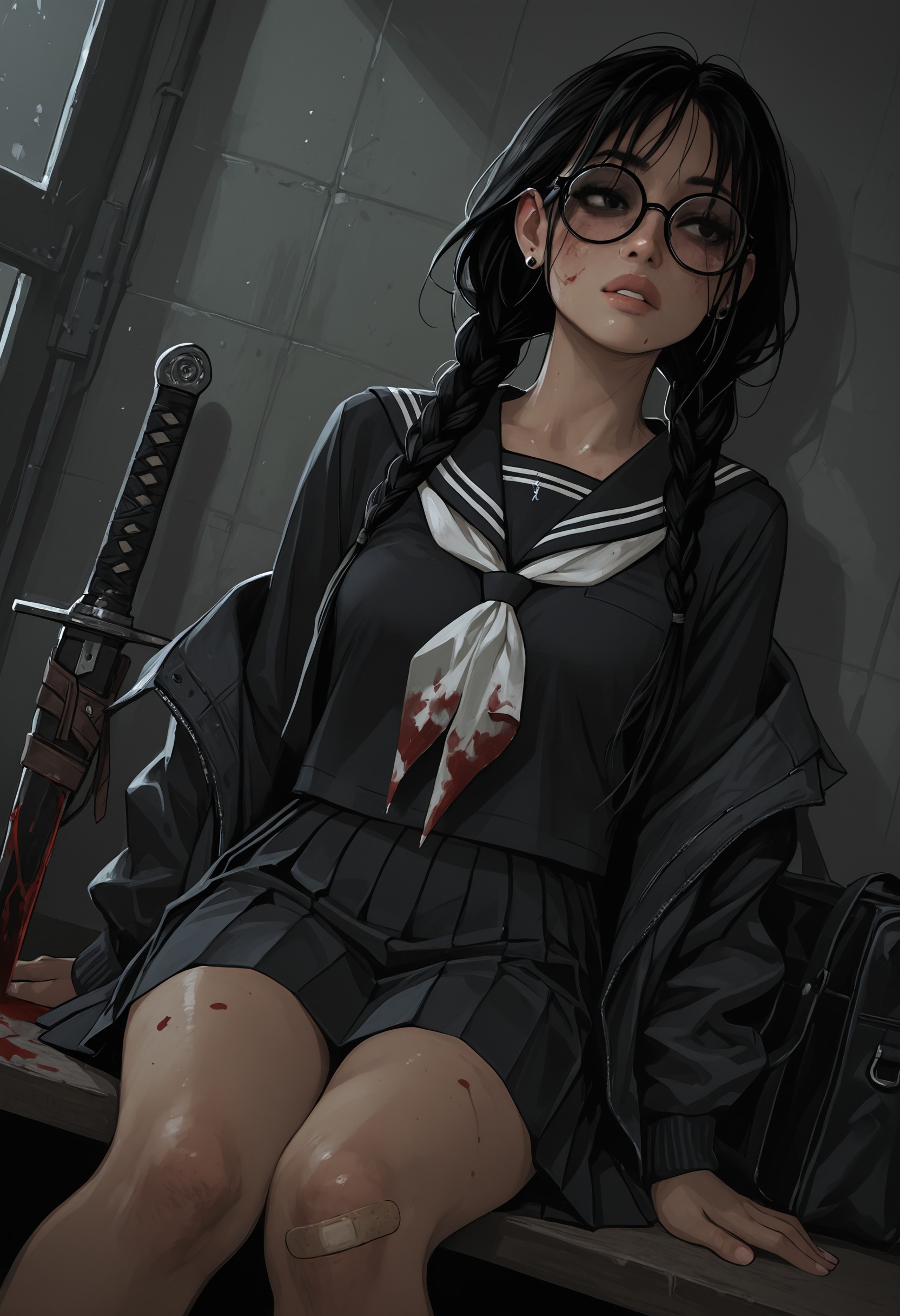 nvro2, twin braids, braid, glasses, weapon, school uniform, serafuku, skirt, sitting, sword, jewelry, blood, white neckerchief, long hair, earrings, sailor collar, bag, 1girl, black-framed eyewear, round eyewear, shirt, black shirt, blood on clothes, black serafuku, bandaid, neckerchief, black skirt, lips, pleated skirt, black hair, jacket, dynamic dutch angle, detailed lighting, masterpiece, best quality, amazing quality, best resolution, incredibly absurdres, 4k, latest, <lora:4064c259-83c1-405d-bef5-fcc0f7e8c0ac:0.9>