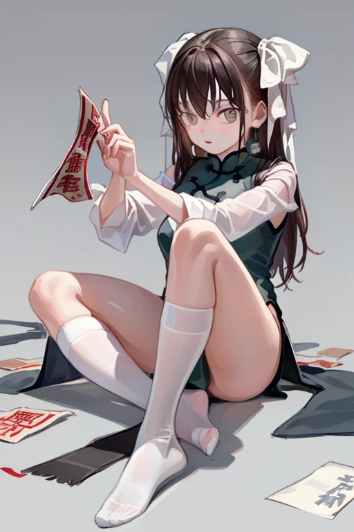 masterpiece, best quality, 1girl, brown hair, grey eyes, mole under eye, yaozhi\(feky\), yaozhi\(china_cloth\), ofuda, <lora:yaozhi_anm_v15:0.77>,  <lora:fkeyFaceOrFkeyArt_fkeyfaceV41:0.8:0,0,0,0,0,0,0,0,0,0,0,0,1,1,1,1,1>, sitting, crossed legs, holding paper,  full body,