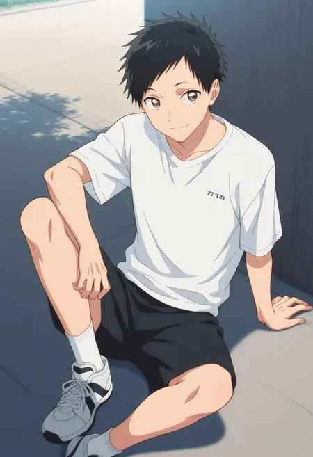 masterpiece,best quality,amazing quality,
taikinomata, 1boy, male focus, solo, brown eyes, black hair, short hair, shirt, white shirt, t-shirt, short sleeves, shorts, black shorts, socks, shoes, sneakers,smile, outdoor, day,