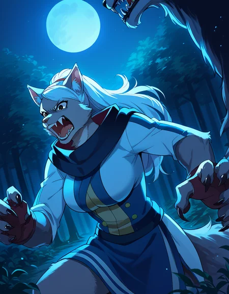 score_9, score_8_up, score_7_up, source_anime, <lora:seiko-ayase-alpha-ponyxl-lora-nochekaiser:1>, seiko ayase, long hair, large breasts, white hair, brown eyes,, <lora:werewolf-ponyxl-lora-nochekaiser:1>, werewolf, furry, fangs, animal ears, gloves, angry, teeth, animal ear fluff,, forest, night, moon, open mouth, , dutch angle, cowboy shot