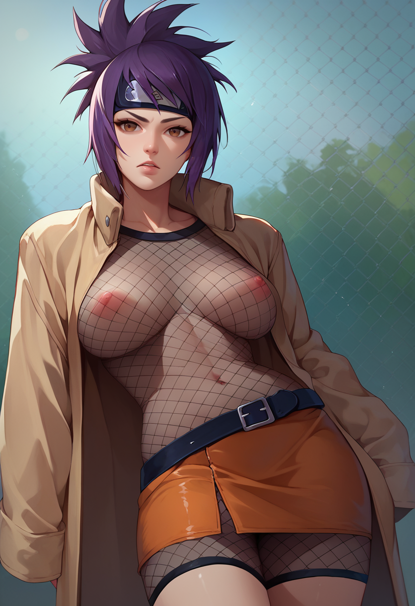 score_9, score_8_up, score_7_up, 1girl,  Anko, purple hair, ponytail, spiked hair, brown eyes, forehead protector, open jacket, mesh top, belt, orange skirt, mesh shorts, see-through, nipples,    <lora:Anko TEST2-000008:1>